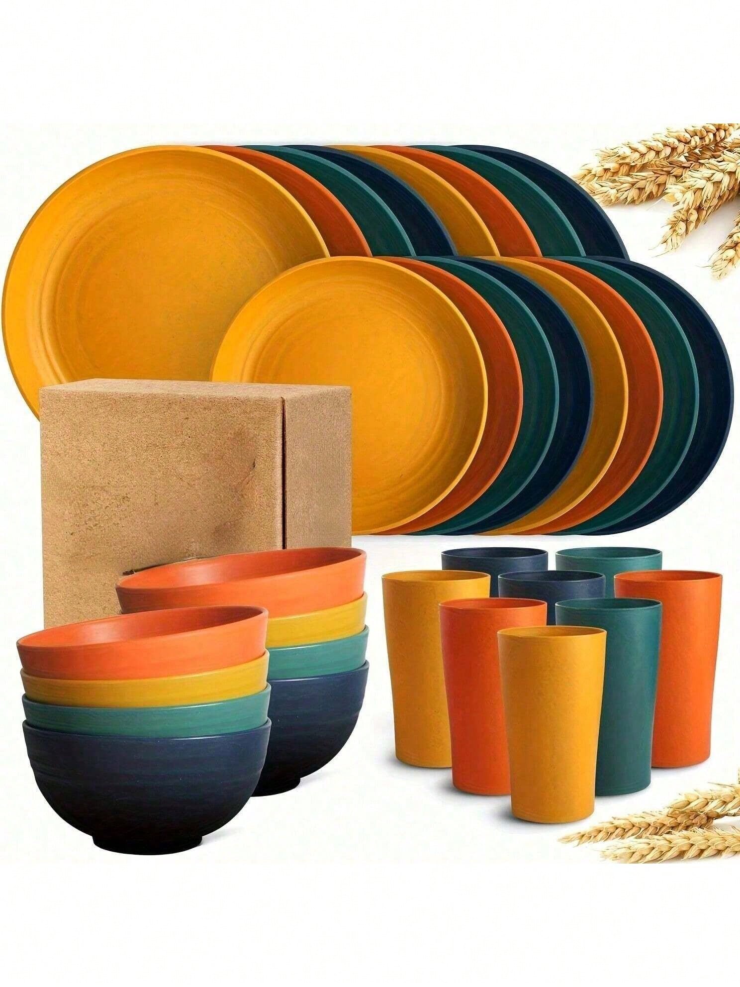 Outdoor Camping Kitchen Set - 16-delige keukenserviesset van tarwehalm, voor 4